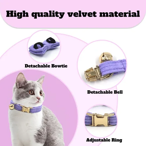 Miniatura 2 de Collar de gato personalizado con nombre de mascota, número de teléfono, hebilla de metal grabada, collares de terciopelo ajustables personalizados