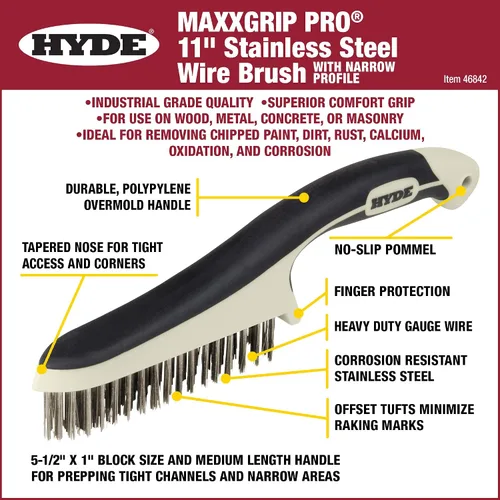 Miniatura 3 de Hyde - Cepillo de alambre de acero inoxidable 181348 Hyde 46842 con perfil estrecho, 11 pulgadas, MAXXGRIP PRO