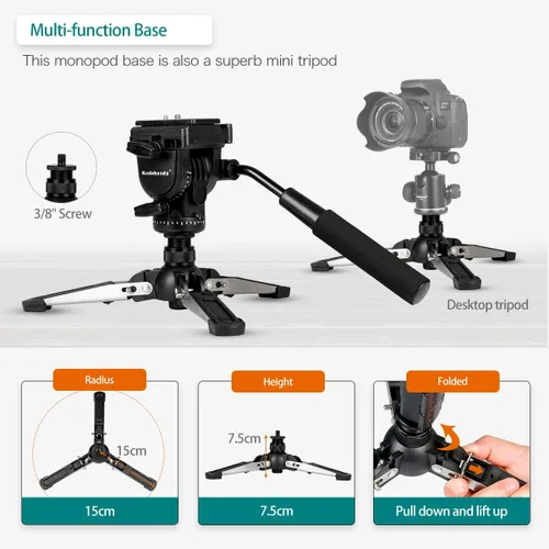 Miniatura 5 de Monopod extensible de aluminio para cámara con cabezal fluido y base de trípode plegable para cámara DSLR. Altura máxima de 58 pulgadas. Carga útil