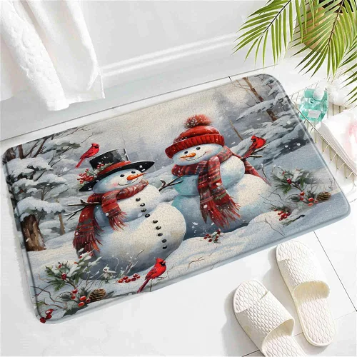 Tapete de baño con diseño de muñeco de nieve de Feliz Navidad, acuarela, granja, pájaro, pino, rama, copo de nieve, antideslizante, tapete de baño