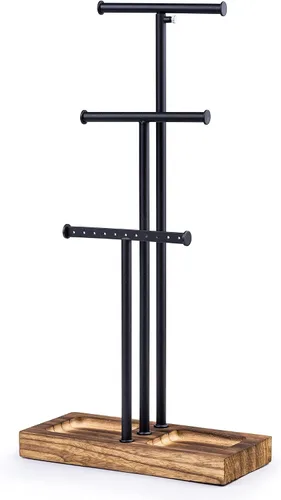 Love-KANKEI Soporte organizador de joyas con base de metal y madera y almacenamiento grande para collares, pulseras, aretes, organizador negro y