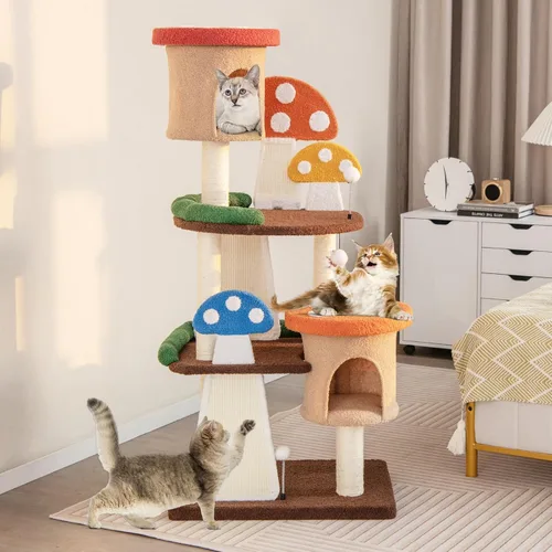 Miniatura 2 de Tangkula - Árbol para gatos en forma de hongo, torre para gatos de varios niveles con postes de sisal completamente envueltos, tableros para rascar