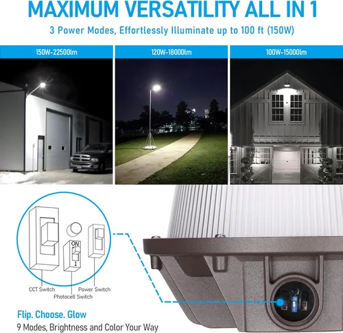 Miniatura 2 de TORCHSTAR 3CCT - Luz LED de granero ajustable, luz de área del atardecer al amanecer con fotocélula, actualización de 150 W/120 W/100 W