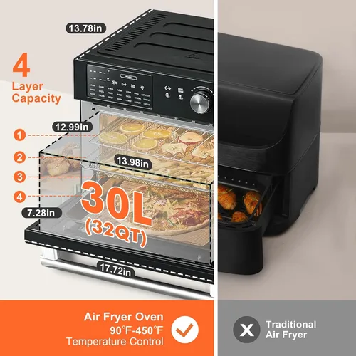 Miniatura 3 de Kitchen in the box Combo de Horno Tostador y Freidora de Aire Extra Grande de 32QT, Horno Tostador de Convección de Encimera 21-en-1 con Rotisserie