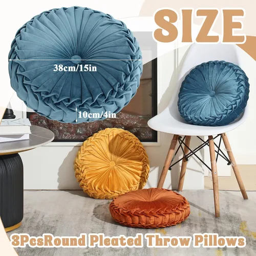 Miniatura 2 de Drydiet 3 Piezas Almohadas Redondas Decorativas de Terciopelo Plisado Almohadas de 15'' de Diámetro Acento Calabaza Boho Cojín de Silla para Sofá