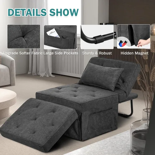 Miniatura 4 de Sofá Cama Convertible, Cama Otomana Plegable Multifunción 4 en 1 con Respaldo Ajustable, Moderna Silla Cama Extraíble para Sala de Estar, Gris