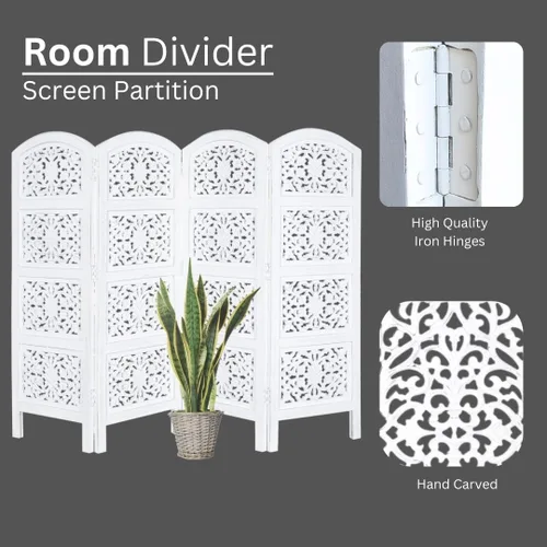 Miniatura 3 de Panel de pantalla de madera para divisor de habitación, blanco, plegable de 4 paneles de 64 x 48 pulgadas, tallado a mano, partición de privacidad
