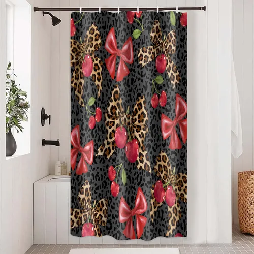 Leopard Cherry Shower Curtain Brown Leopard Bow Sweet Red Cherry Fruit Shower Curtains for Girls Women Bathroom Decor 36x72Inch Washable Vintage