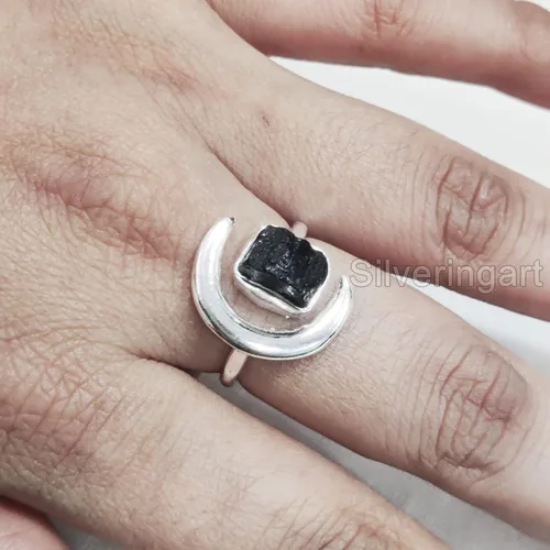 Miniatura 5 de Anillo de turmalina negra natural, anillo ajustable de luna creciente de turmalina áspera, octubre, plata de ley 925, anillo para mujer, Navidad