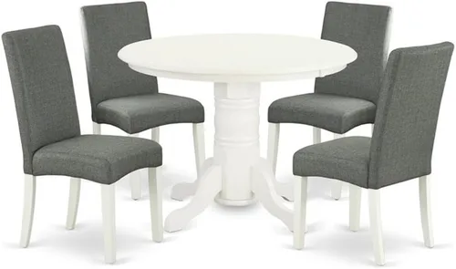East West Furniture SHDR5-LWH-07 - Juego de mesa y sillas de cocina de 5 piezas, incluye una mesa de comedor redonda con pedestal y 4 sillas de