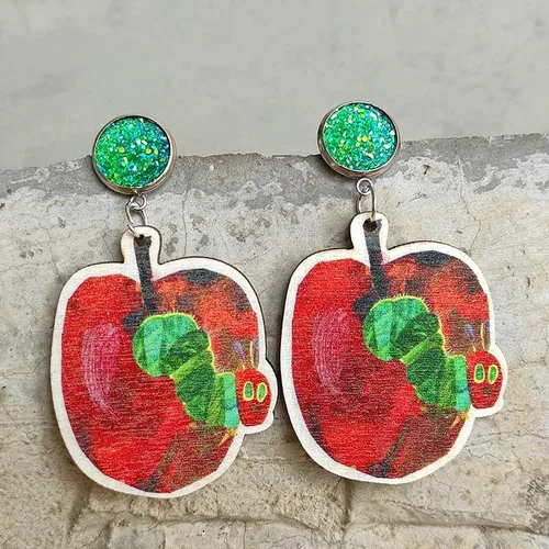 Miniatura 2 de Aretes colgantes de oruga hambrienta de madera para mujeres, adolescentes, niñas, profesores, estudiantes
