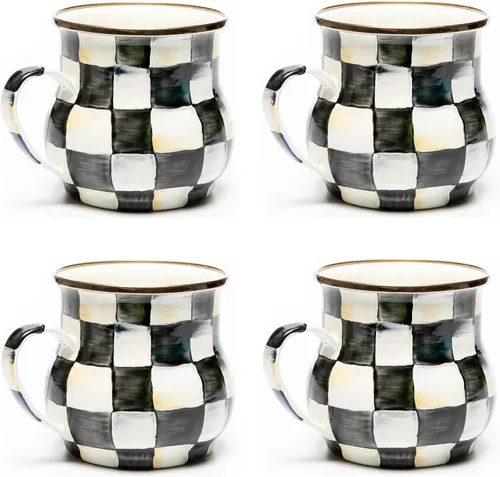 MACKENZIE-CHILDS Taza de esmalte, linda taza de café y té de esmalte, vajilla única, 16 onzas, cuadro de corte negro y blanco, juego de 4