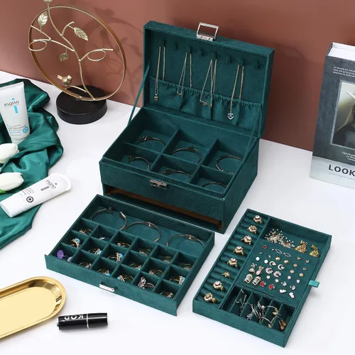 Miniatura 4 de ZUZOOQ ZUZ002A - Caja organizadora de joyas de terciopelo de 3 capas con cerradura para anillos collares aretes verde 94 x 67 x 43in