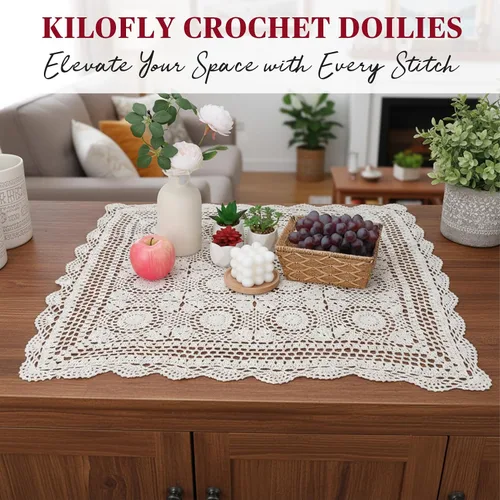 Miniatura 4 de kilofly Manteles individuales hechos a mano con encaje de algodón y ganchillo, para sofá, cuadrados, beige, 27 pulgadas