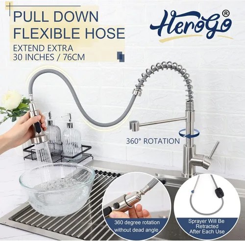 Miniatura 3 de Herogo 2.0 - Grifos de cocina con rociador extraíble de níquel cepillado, acero inoxidable comercial mejorado con mango único extraíble
