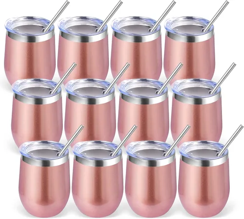 Miniatura 26 de Volhoply - Juego de 12 vasos de vino de 12 onzas con tapa, hechos de acero inoxidable con aislamiento al vacío de doble pared, vasos de vino sin Rosa