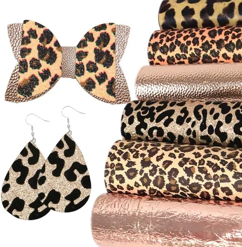 Miniatura 7 de Hoja de piel sintética con estampado de leopardo metálico, tela de piel sintética con estallido metálico, surtido de 6 piezas, 7.7" x 12.9