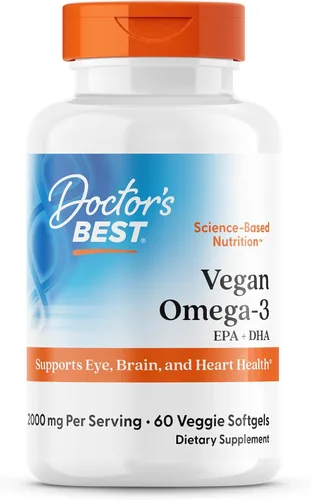 Doctors Best Vegan Omega-3 EPA + DHA de algas - Suplemento vegano de Omega 3 a base de plantas para mujeres y hombres, apoya la memoria, el cerebro