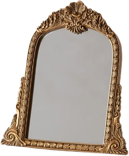 HSDDHOME Espejo vintage dorado pequeño, espejo antiguo de maquillaje de mesa, marco tallado a mano, 11 x 11.2 pulgadas para dormitorio, sala de