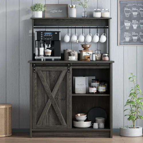 Miniatura 13 de 4ever2buy - Gabinete de café-bar de granja con aparador, gabinete de buffet de 31 pulgadas con puerta corrediza de granero, gabinete de barra