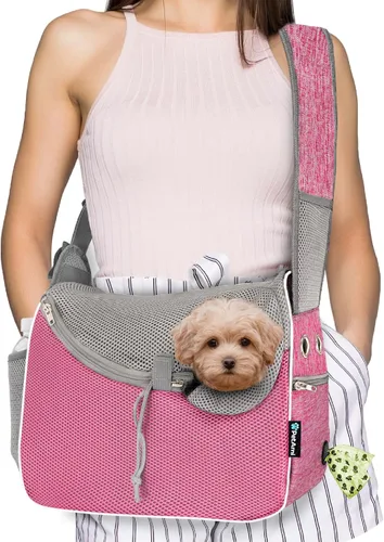 PetAmi Portador Tipo Cabestrillo para Perros Pequeños, Bolsa Cruzada de Lados Suaves Tipo Cartera para Llevar Cachorros, Bolsa Ajustable Tipo Rosa