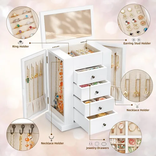 Miniatura 3 de Emfogo Joyero para mujer, joyero de madera grande de 5 capas y organizadores para collares, aretes, anillos, pulseras, caja organizadora de joyas