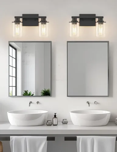 Miniatura 6 de L LOHAS LED Lámparas de baño negras de 2 luces, accesorios de iluminación modernos sobre espejo con pantalla de vidrio transparente, luces