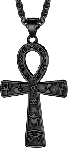 Collar con colgante de cruz de Ankh chapado en acero inoxidable, oro y negro, para hombres y mujeres, con cadena de trigo, joyería religiosa (con