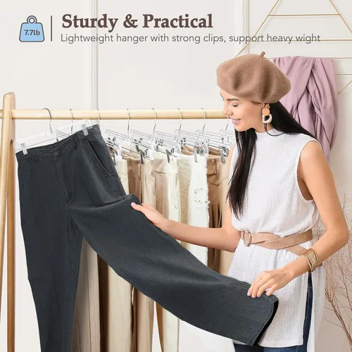 Miniatura 2 de HOUSE DAY Perchas para faldas transparentes con clips, percha antideslizante de plástico para pantalones con 2 clips ajustables, percha con clip