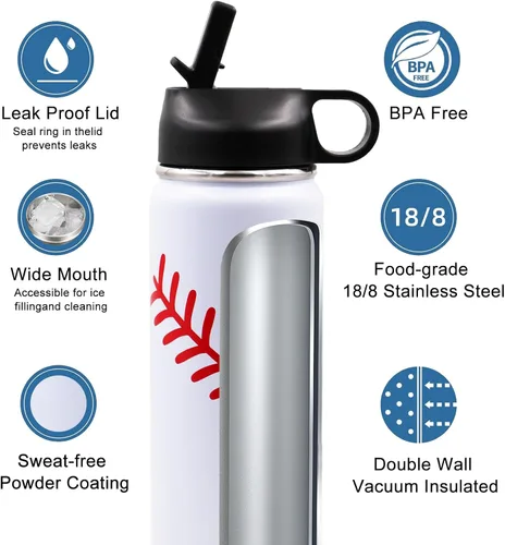 Miniatura 5 de Botella de agua de béisbol de 18 onzas, botella deportiva de boca ancha, vaso de viaje de metal con 2 tapas, botellas de agua aisladas al vacío
