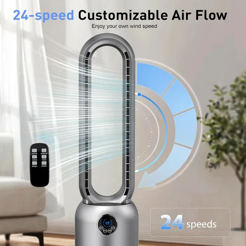 Miniatura 6 de Ventilador de torre sin aspas de 36 pulgadas para dormitorio, potente flujo de aire de 26 pies/s, 24 velocidades, oscilación de 90°, temporizador
