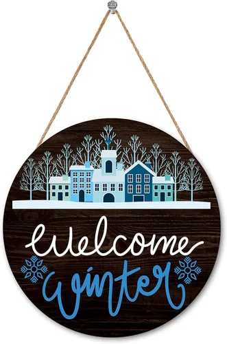 Miniatura 7 de Letrero de bienvenida de invierno, decoración rústica de madera para pared y puerta, muñeco de nieve impreso y copos de nieve, 11.9 x 6 pulgadas
