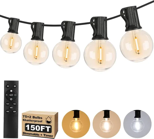 Miniatura 11 de Bosceos Tira de luces LED G40 para exteriores, 25 pies, regulables, inastillables, impermeables, con 12+2 bombillas conectables, luz colgante Blanco