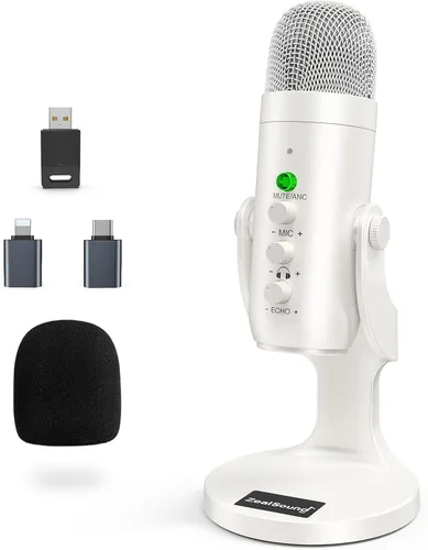 Miniatura 9 de ZealSound Micrófono de podcast, paquete de equipo de podcast para iPhone, PC, iPad Android, micrófono USB inalámbrico dual de 2.4 GHz con reducción