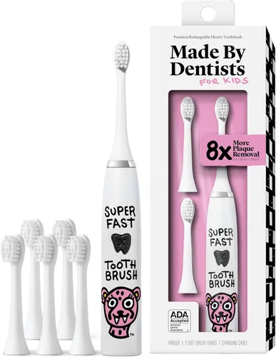 Miniatura 10 de Made by Dentists Cepillo de dientes eléctrico para niños, cepillo de dientes vibratorio recargable con temporizador, incluye 6 cabezales