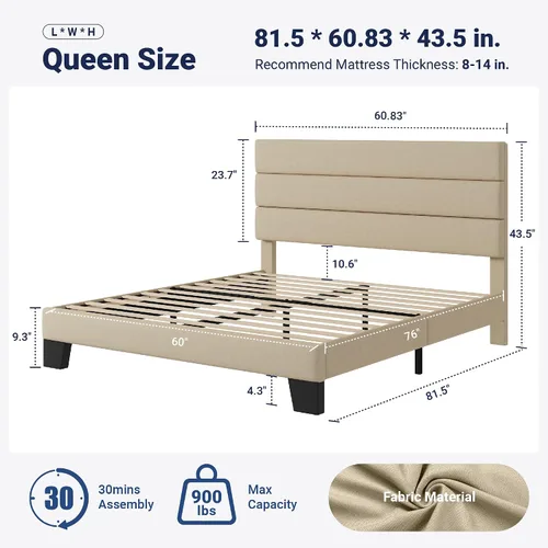 Miniatura 2 de Allewie - Base de cama de plataforma de tamaño matrimonial con cabecera tapizada de tela y soporte de listones de madera, base de colchón totalmente