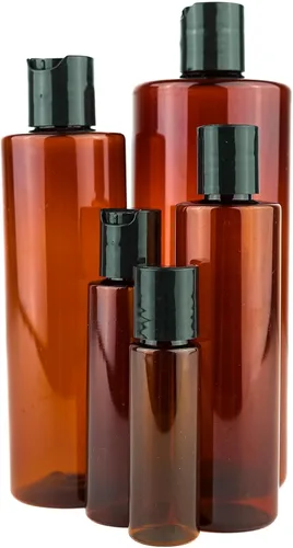 Miniatura 4 de Botellas de plástico ámbar (paquete de 12) – Botella de plástico ámbar de 1 onza con tapas de rosca; se utiliza como champú reutilizable, loción