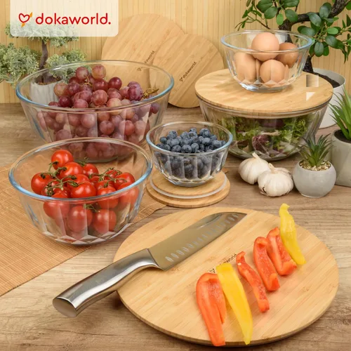 Miniatura 2 de Juego de 5 cuencos apilables grandes de vidrio anidables con tapas de bambú para preparación de alimentos, almacenamiento, horneado, mezcla de masa