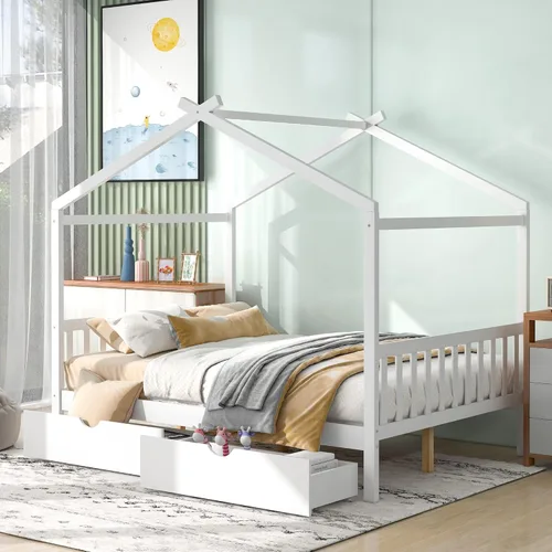 Miniatura 24 de Bellemave Cama Casa Tamaño Twin con 2 Cajones de Almacenamiento Cama Casa Montessori de Madera para Niños Marco de Cama de Madera Casa de Juegos Gris
