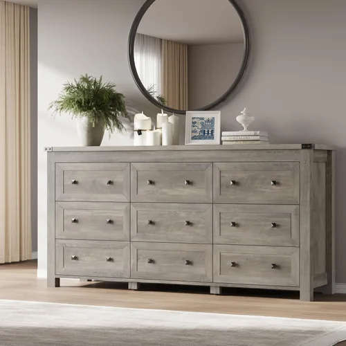 BORNOON Cómoda de 9 cajones, moderna cómoda de almacenamiento de madera, soporte de TV, organizador de cajones de madera con asas de metal para