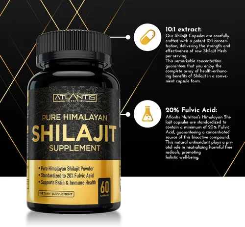 Miniatura 4 de Atlantis Nutrition Cápsulas Shilajit del Himalaya formuladas con 20% de ácido fúlvico Suplemento Shilajit del Himalaya para hombres y mujeres