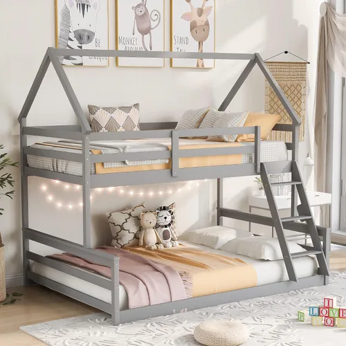 Miniatura 33 de JIVOIT Litera de madera con diseño de techo y ventanas, litera individual sobre individual con nido y escalera integrada para niños, adolescentes