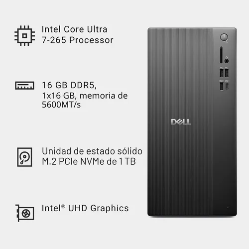 Miniatura 10 de Dell Tower Desktop ECT1250 - Procesador Intel Core Ultra 7-265, gráficos UHD, memoria de 16 GB, SSD M.2 de 1 TB, lector de tarjetas SD 3.0, teclado