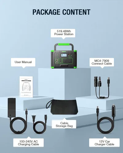 Miniatura 8 de Estación de energía portátil de 500 W, 519.48 Wh/140400 mAh, generador solar, batería de litio de reserva, fuente de alimentación con 2 salidas