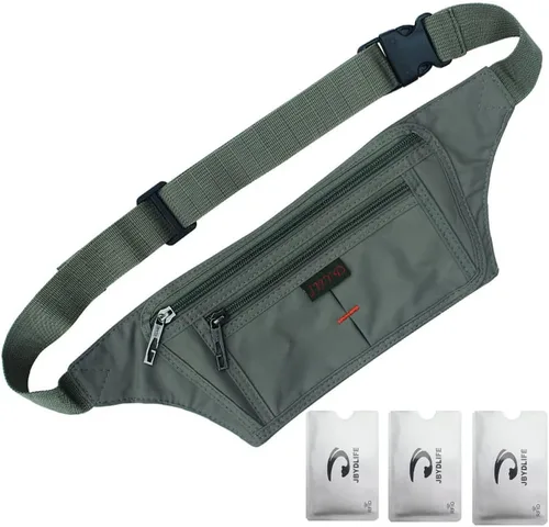 Miniatura 32 de Bolsa de cintura ultrafino con ranuras c/visualización para tarjeta de crédito, para deportes, aire libre, correr, caminar, viajes.