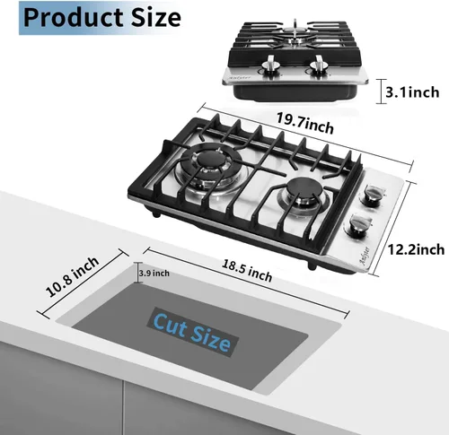 Miniatura 4 de Cocina de Gas de 12 Pulgadas, Estufa de Gas Integrada de 2 Quemadores, Superficie de Cocina de Gas de Acero Inoxidable, Cocina de Gas Sellada