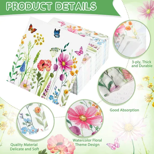 Miniatura 3 de Teling 100 servilletas de papel florales, 3 capas desechables para invitadas/servilletas de cóctel, servilletas de fiesta de flores silvestres
