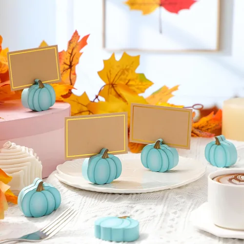Miniatura 4 de Tradder 18 portatarjetas de lugar de Acción de Gracias con lámina dorada de calabaza, cosecha, mini calabaza, nombre, foto, soporte para fotos, Azul