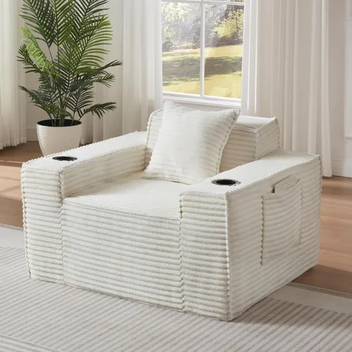 Miniatura 41 de Sofá sin hueso de 66.5 pulgadas con portavasos y bolsillos laterales, sofá biplaza tapizado de tela de pana moderna con 2 almohadas para sala