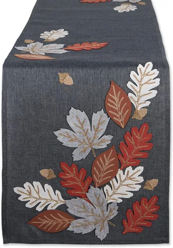 DII Decoración de mesa de otoño bordada para comedor de Acción de Gracias, camino de mesa, 14 x 70 pulgadas, hojas de otoño